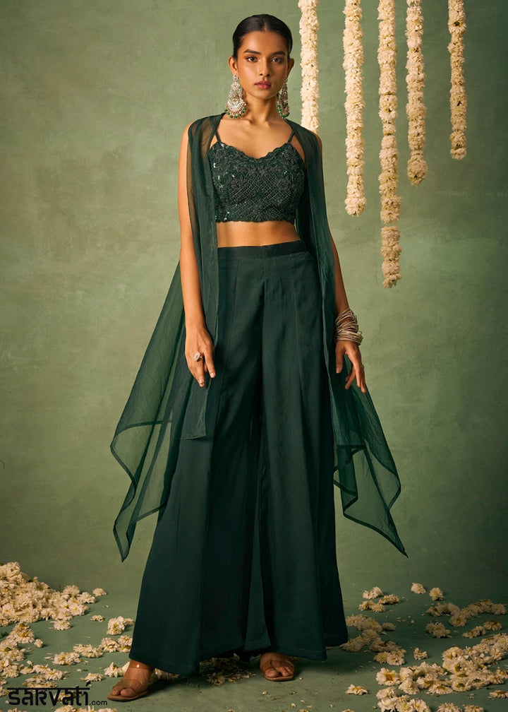 Dark Green Palazzo Set with Sheer Organza Cape & Embroidery - House of Sarvati LLC