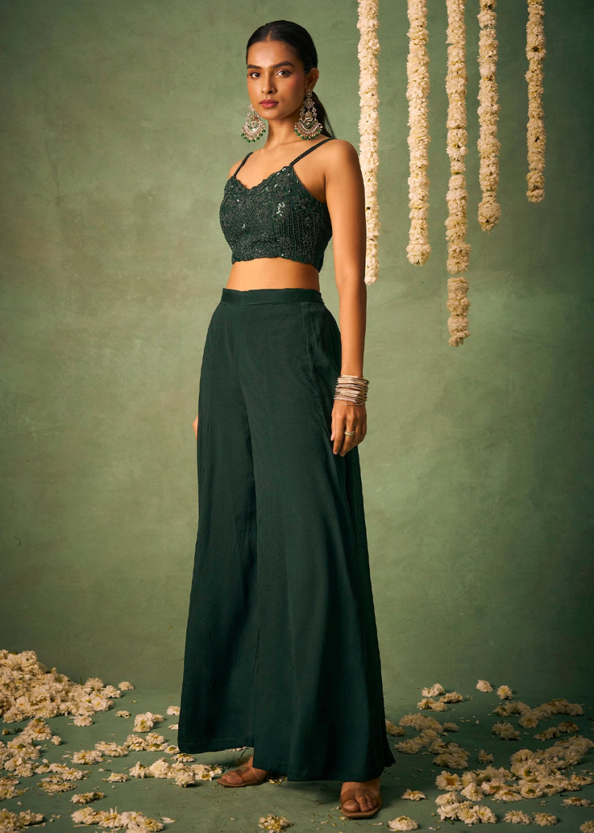 Dark Green Palazzo Set with Sheer Organza Cape & Embroidery - House of Sarvati LLC