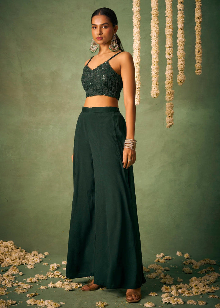 Dark Green Palazzo Set with Sheer Organza Cape & Embroidery - House of Sarvati LLC