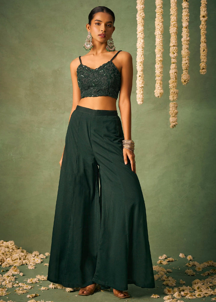 Dark Green Palazzo Set with Sheer Organza Cape & Embroidery - House of Sarvati LLC