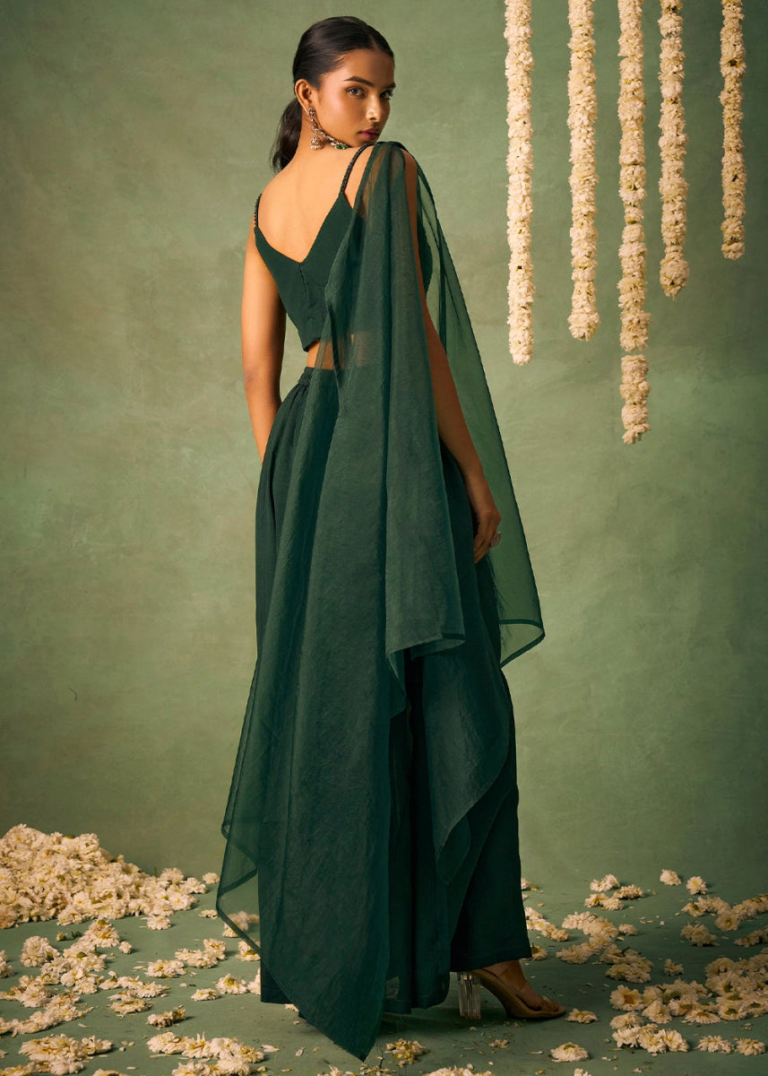 Dark Green Palazzo Set with Sheer Organza Cape & Embroidery - House of Sarvati LLC
