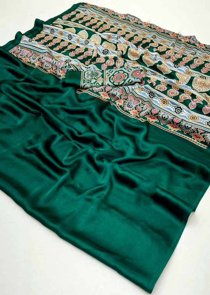 Dark Green Satin Crepe Ajrakh Gala Printed Saree - House of Sarvati LLC