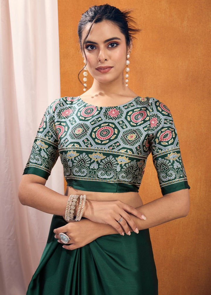 Dark Green Satin Crepe Ajrakh Gala Printed Saree - House of Sarvati LLC