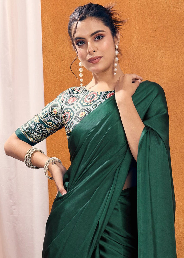 Dark Green Satin Crepe Ajrakh Gala Printed Saree - House of Sarvati LLC