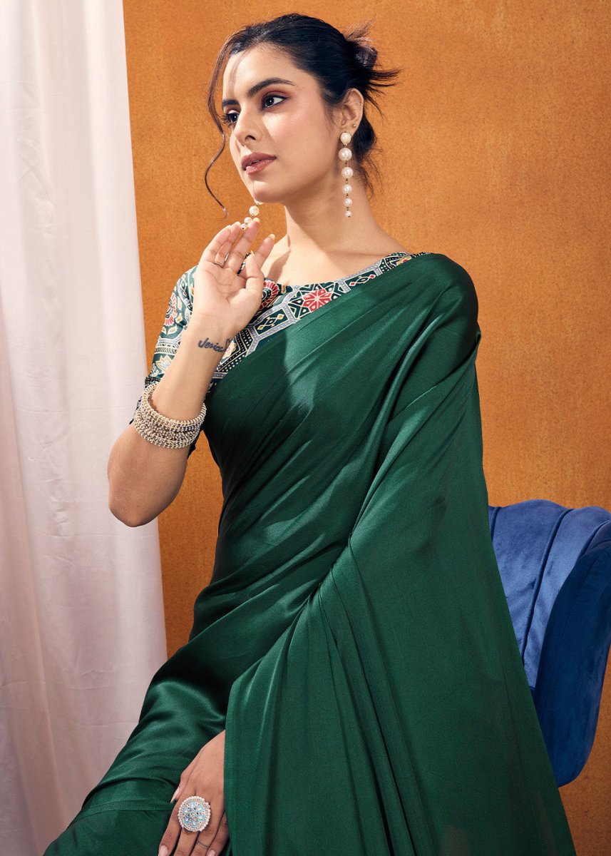 Dark Green Satin Crepe Ajrakh Gala Printed Saree - House of Sarvati LLC