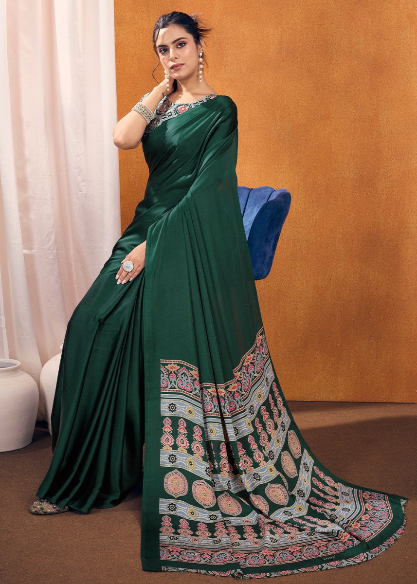 Dark Green Satin Crepe Ajrakh Gala Printed Saree - House of Sarvati LLC