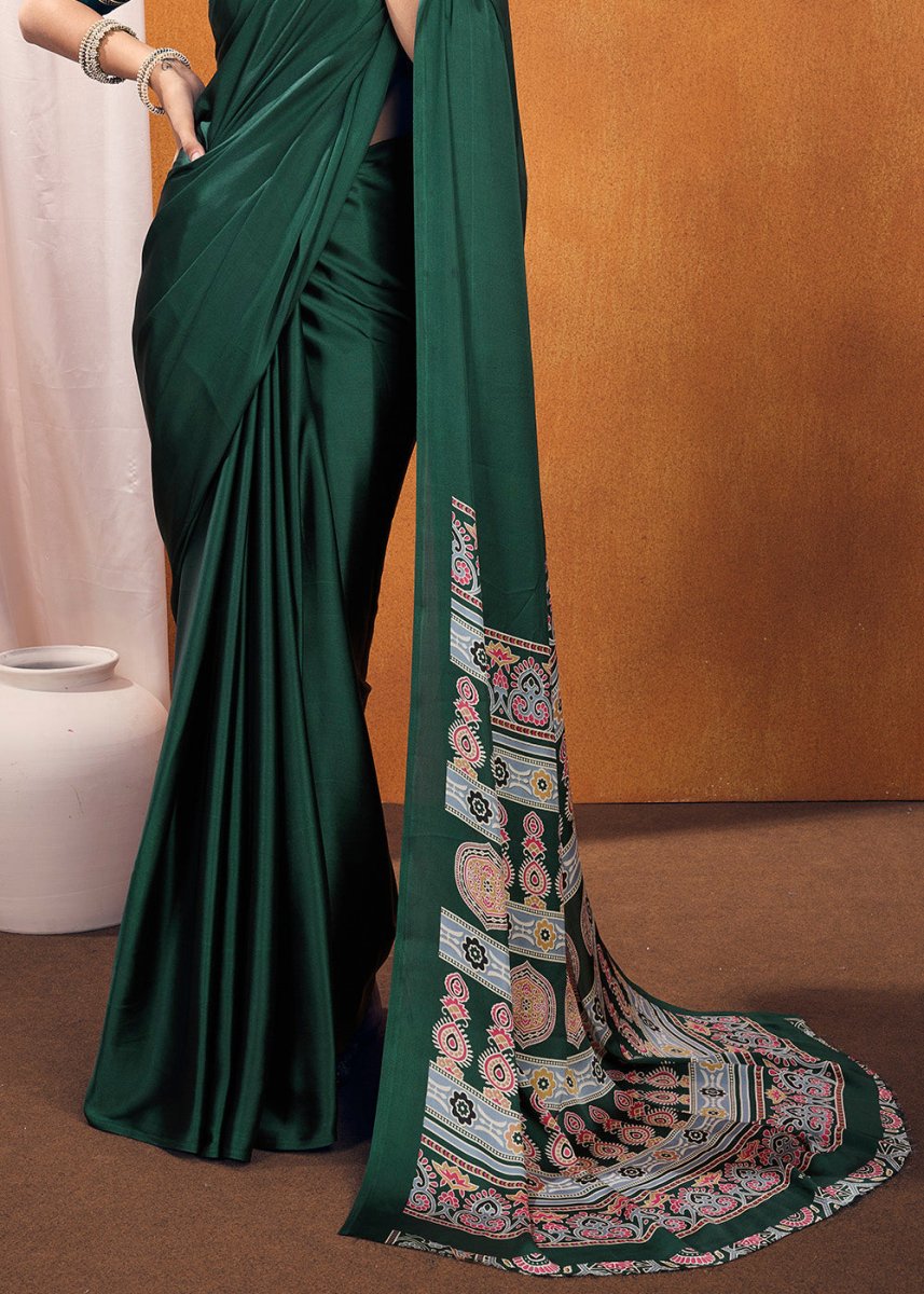 Dark Green Satin Crepe Ajrakh Gala Printed Saree - House of Sarvati LLC
