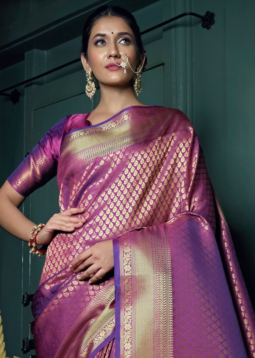 Dark Orchid Purple Kanjivaram Silk Saree with Rich Zari Work - House of Sarvati LLC