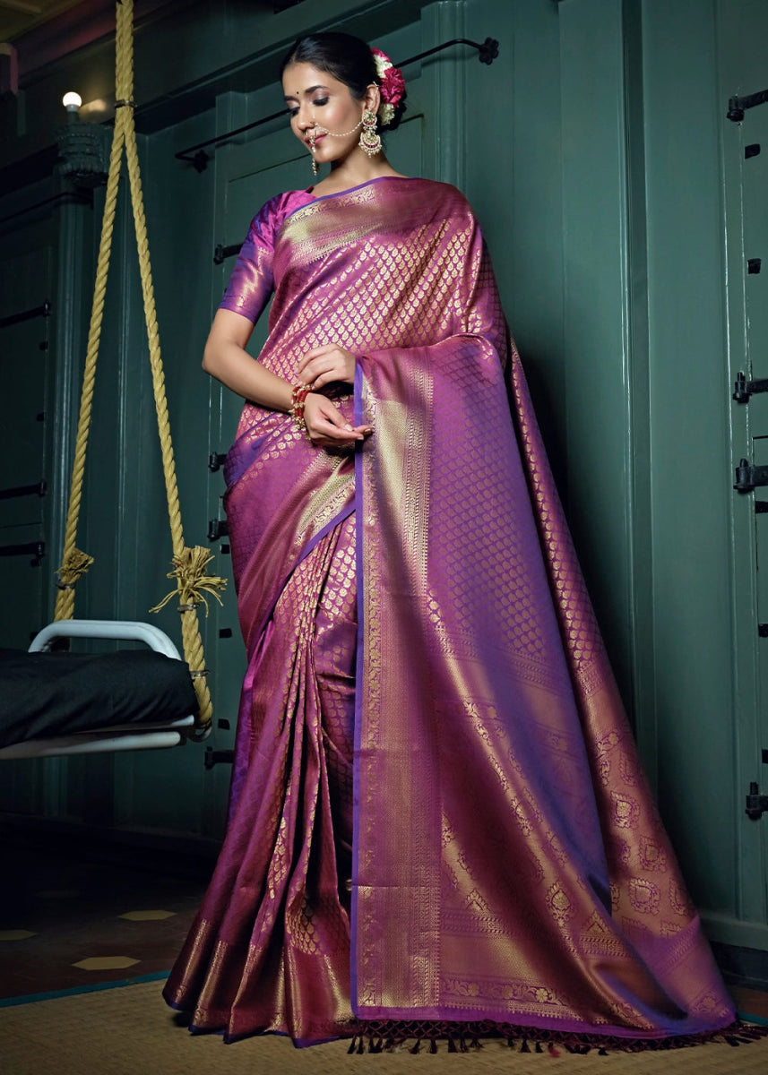 Dark Orchid Purple Kanjivaram Silk Saree with Rich Zari Work - House of Sarvati LLC