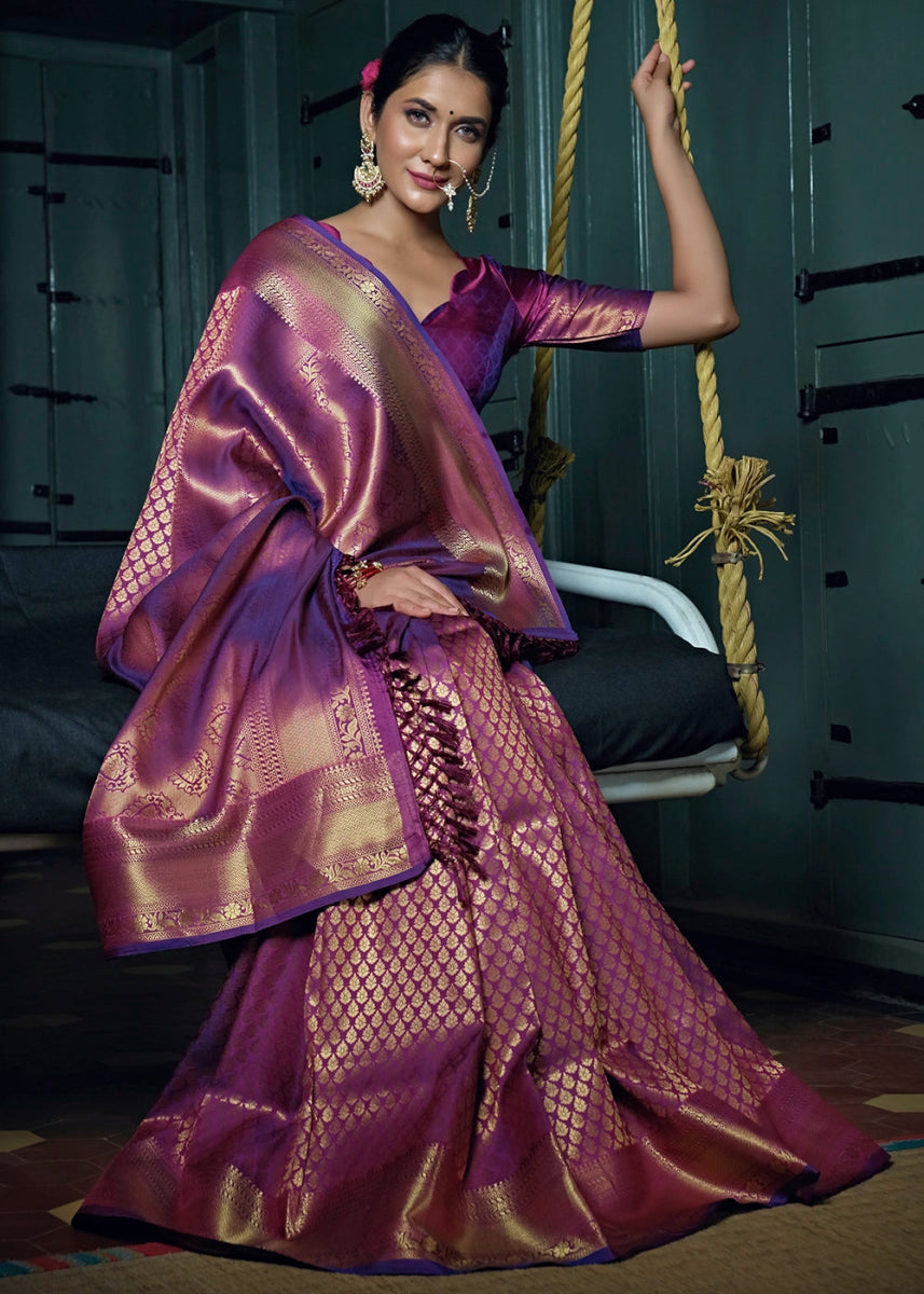 Dark Orchid Purple Kanjivaram Silk Saree with Rich Zari Work - House of Sarvati LLC