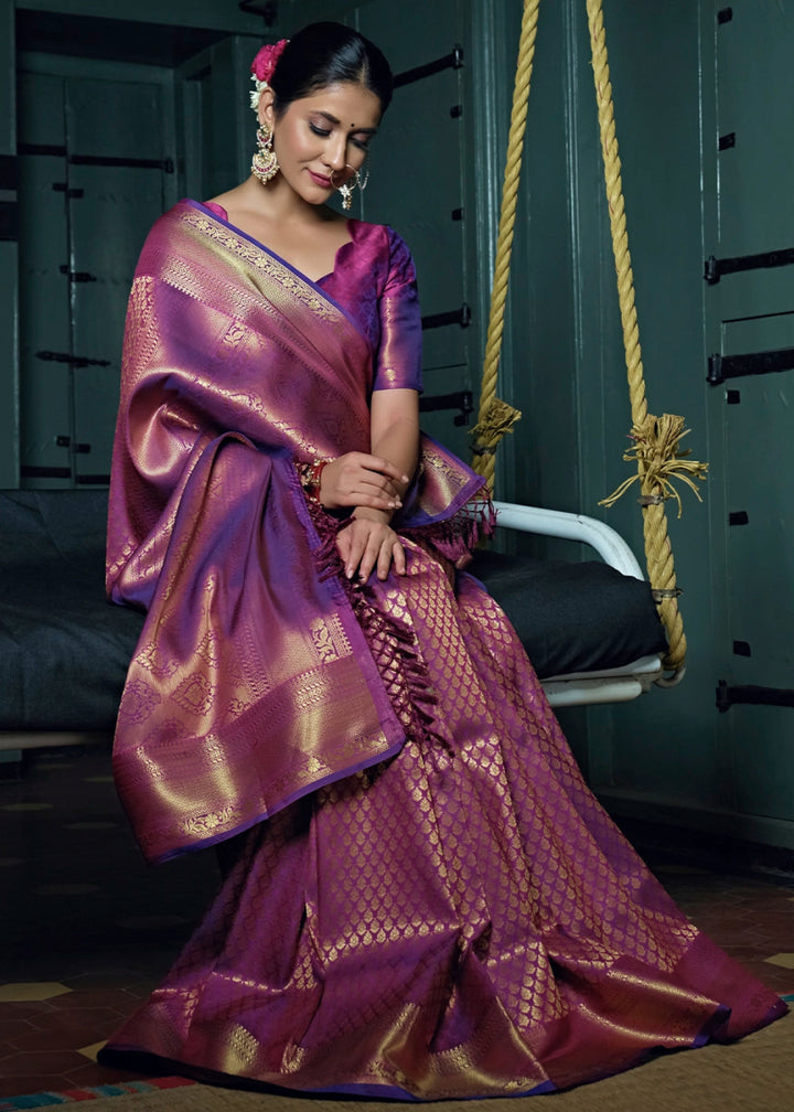 Dark Orchid Purple Kanjivaram Silk Saree with Rich Zari Work - House of Sarvati LLC