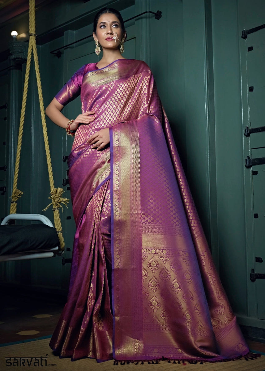 Dark Orchid Purple Kanjivaram Silk Saree with Rich Zari Work - House of Sarvati LLC