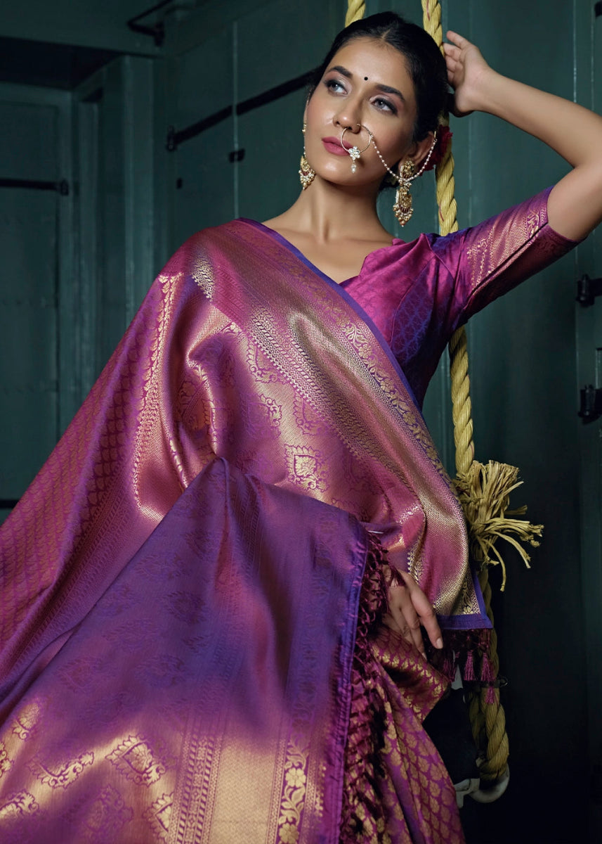 Dark Orchid Purple Kanjivaram Silk Saree with Rich Zari Work - House of Sarvati LLC