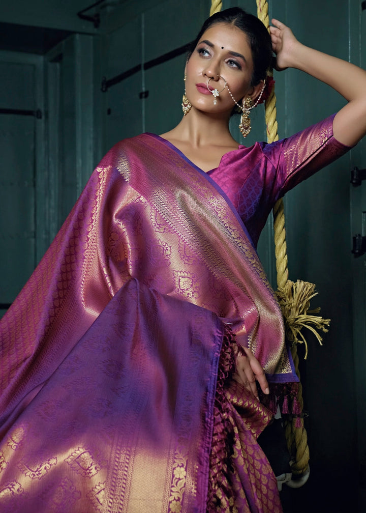 Dark Orchid Purple Kanjivaram Silk Saree with Rich Zari Work - House of Sarvati LLC
