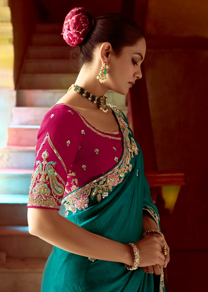 Dark Teal Green Tissue Silk Saree Beautified with Intricate Thread Embroidery And Sequin Accents - House of Sarvati LLC