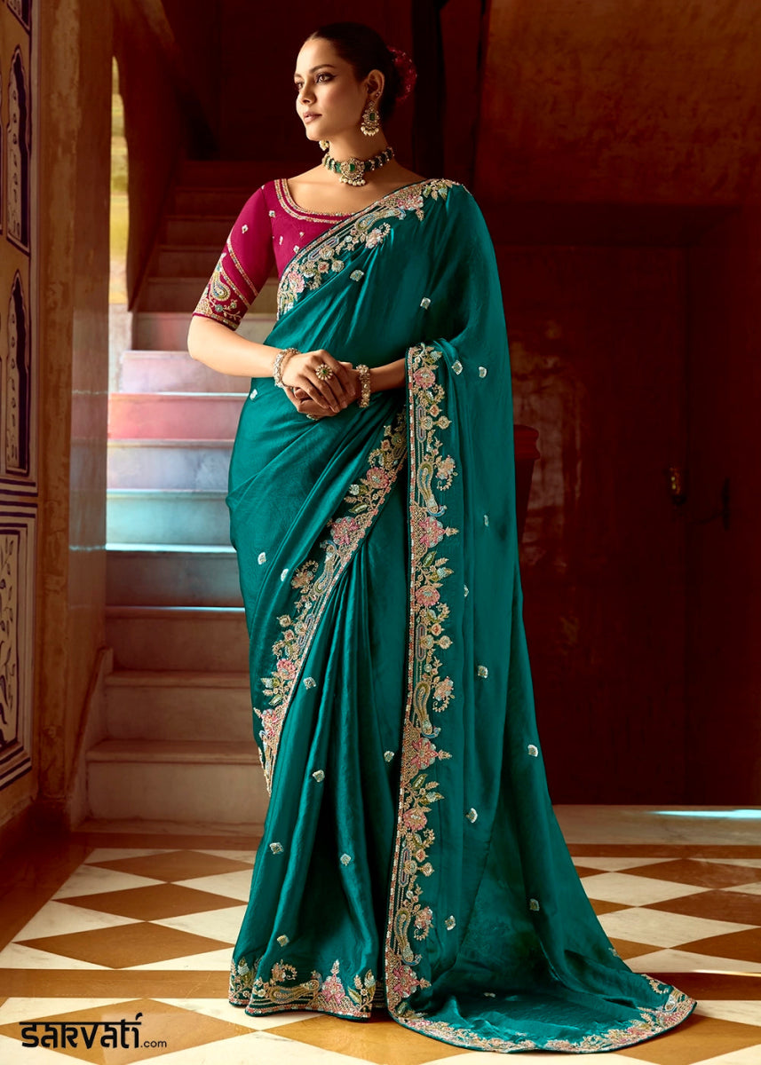 Dark Teal Green Tissue Silk Saree Beautified with Intricate Thread Embroidery And Sequin Accents - House of Sarvati LLC