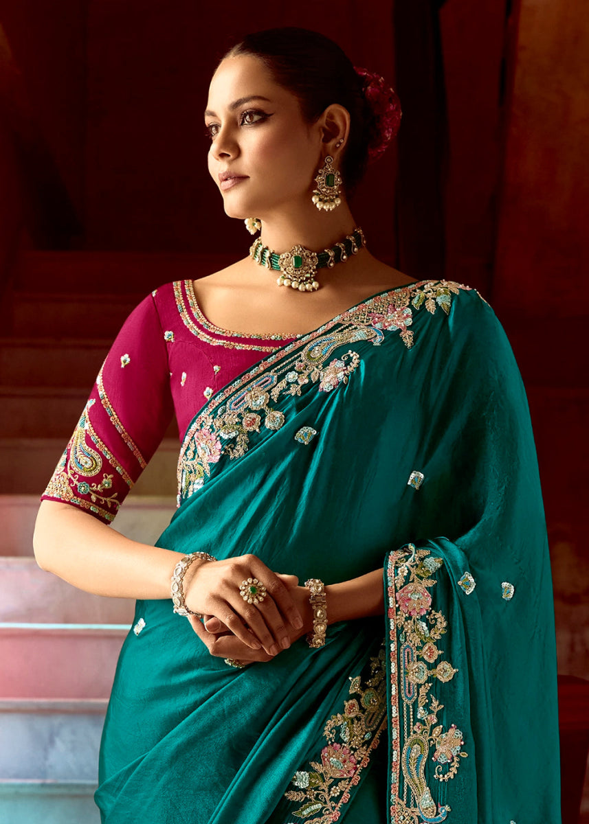 Dark Teal Green Tissue Silk Saree Beautified with Intricate Thread Embroidery And Sequin Accents - House of Sarvati LLC