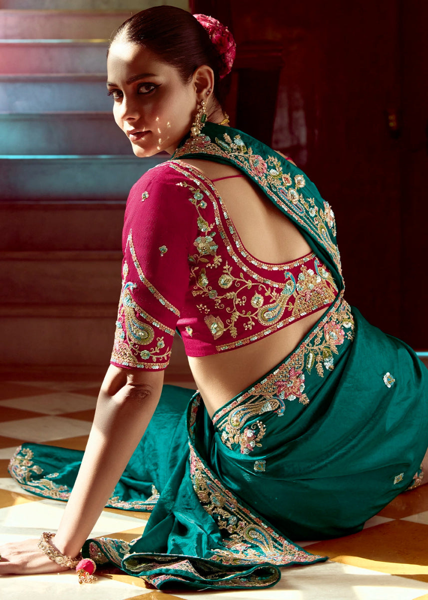 Dark Teal Green Tissue Silk Saree Beautified with Intricate Thread Embroidery And Sequin Accents - House of Sarvati LLC