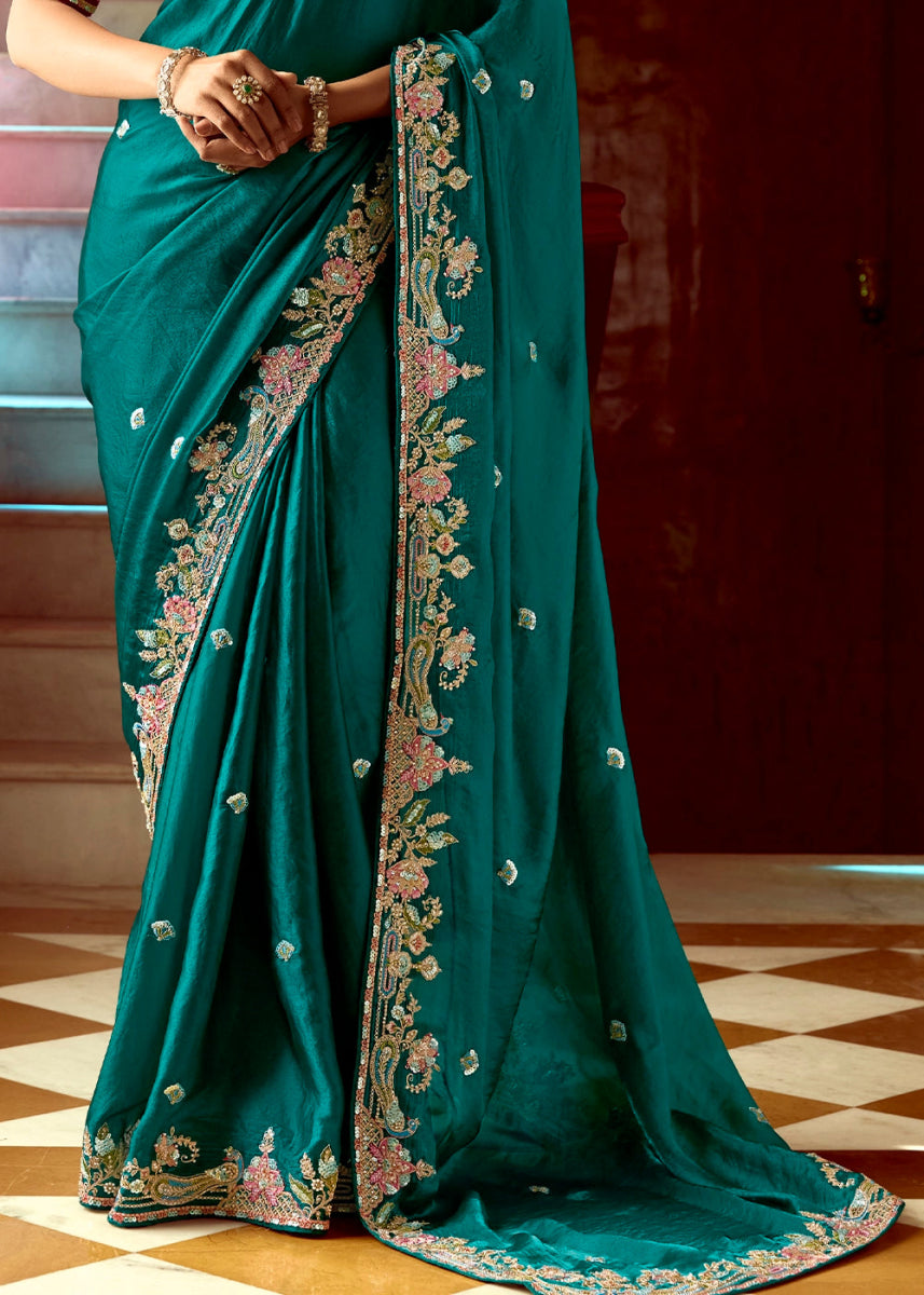 Dark Teal Green Tissue Silk Saree Beautified with Intricate Thread Embroidery And Sequin Accents - House of Sarvati LLC