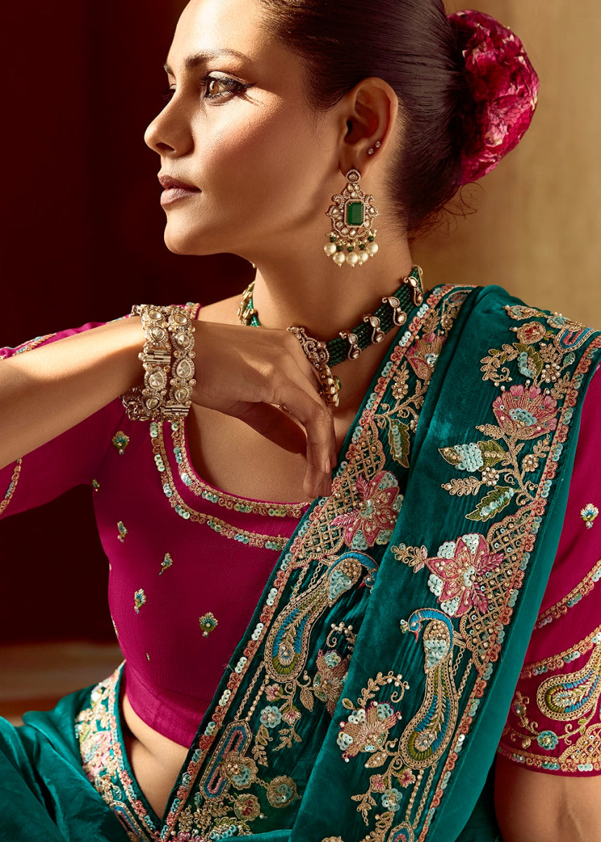 Dark Teal Green Tissue Silk Saree Beautified with Intricate Thread Embroidery And Sequin Accents - House of Sarvati LLC