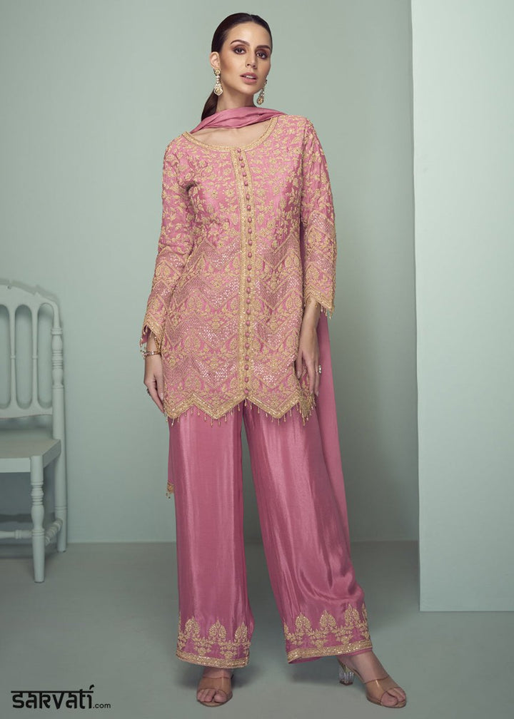 Dazzle Pink Chinon Silk Embroidered Top with Matching Trousers - House of Sarvati LLC