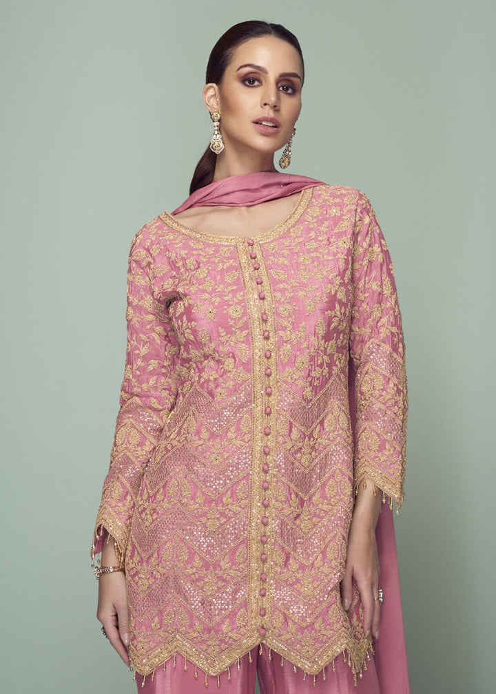 Dazzle Pink Chinon Silk Embroidered Top with Matching Trousers - House of Sarvati LLC