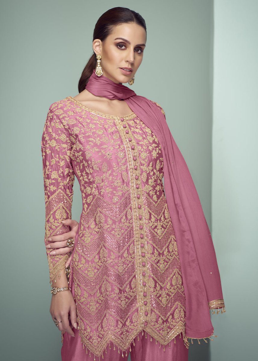 Dazzle Pink Chinon Silk Embroidered Top with Matching Trousers - House of Sarvati LLC