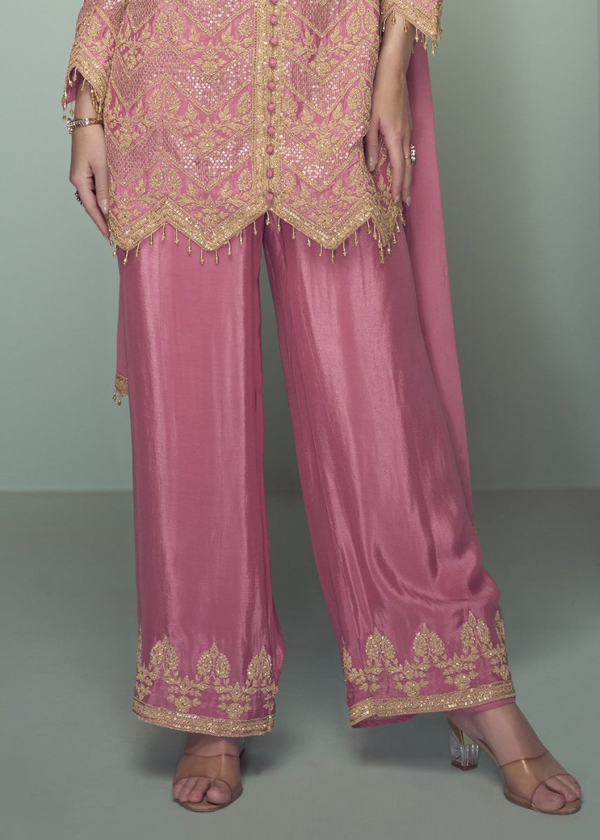 Dazzle Pink Chinon Silk Embroidered Top with Matching Trousers - House of Sarvati LLC