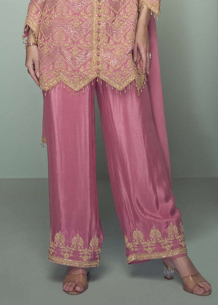 Dazzle Pink Chinon Silk Embroidered Top with Matching Trousers - House of Sarvati LLC