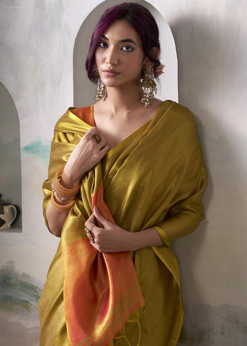 Deep Golden Toned Tissue Silk Saree with Elegant Contrast Blouse Combination - House of Sarvati LLC