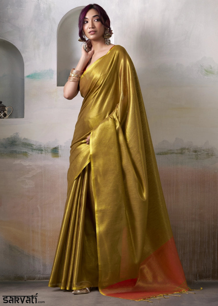 Deep Golden Toned Tissue Silk Saree with Elegant Contrast Blouse Combination - House of Sarvati LLC