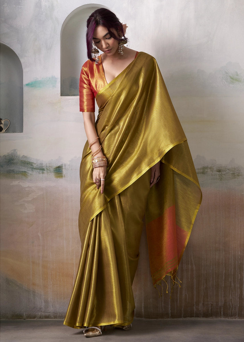 Deep Golden Toned Tissue Silk Saree with Elegant Contrast Blouse Combination - House of Sarvati LLC