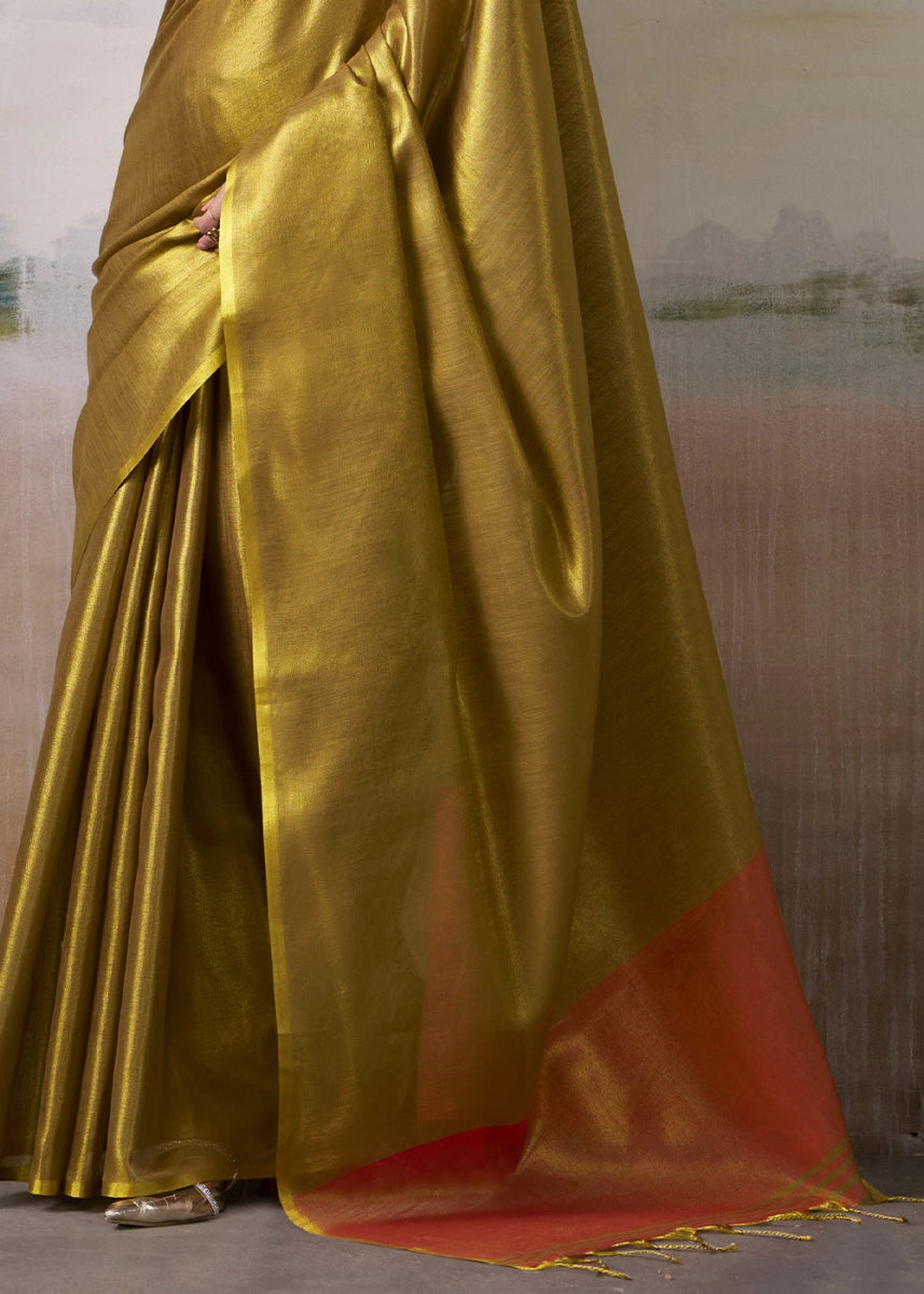 Deep Golden Toned Tissue Silk Saree with Elegant Contrast Blouse Combination - House of Sarvati LLC