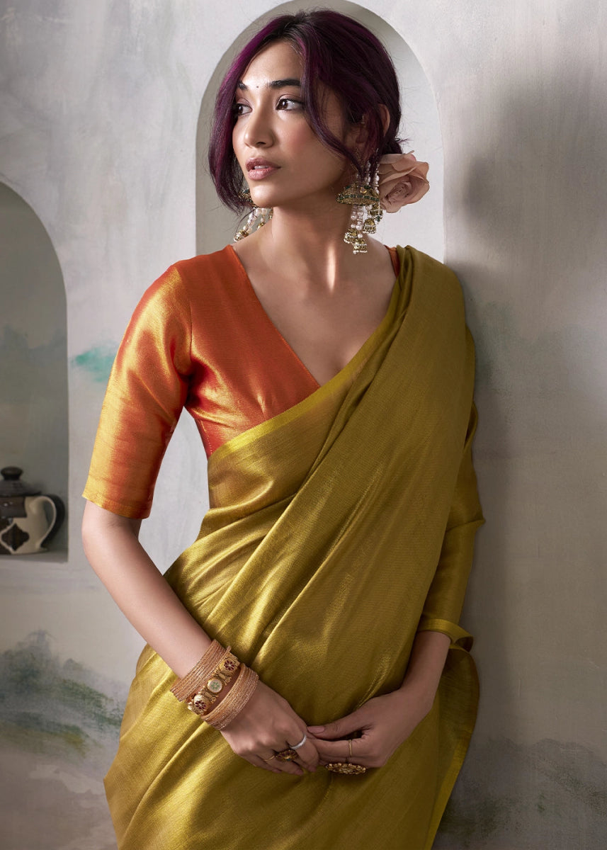 Deep Golden Toned Tissue Silk Saree with Elegant Contrast Blouse Combination - House of Sarvati LLC