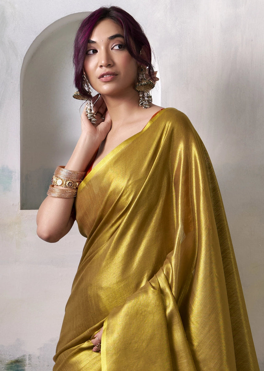 Deep Golden Toned Tissue Silk Saree with Elegant Contrast Blouse Combination - House of Sarvati LLC