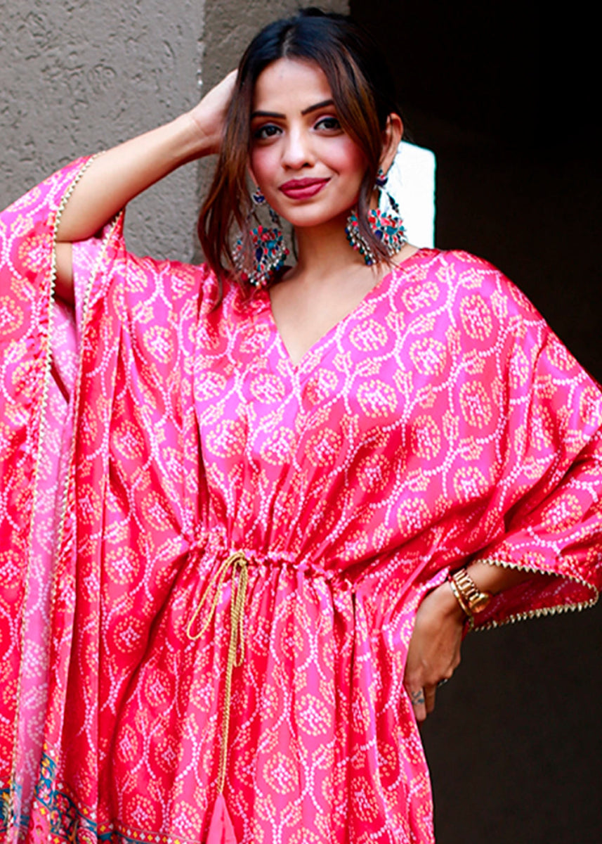 Deep Pink Gaji Silk Kaftan with Gota Patti Lace and All - Over Bandhani Digital Print - House of Sarvati LLC