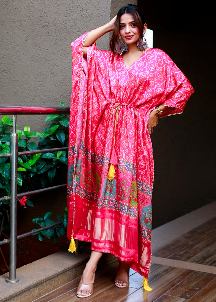 Deep Pink Gaji Silk Kaftan with Gota Patti Lace and All - Over Bandhani Digital Print - House of Sarvati LLC