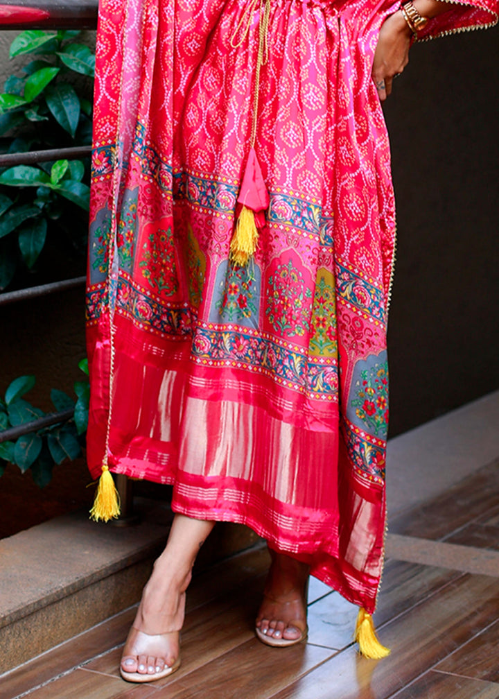 Deep Pink Gaji Silk Kaftan with Gota Patti Lace and All - Over Bandhani Digital Print - House of Sarvati LLC