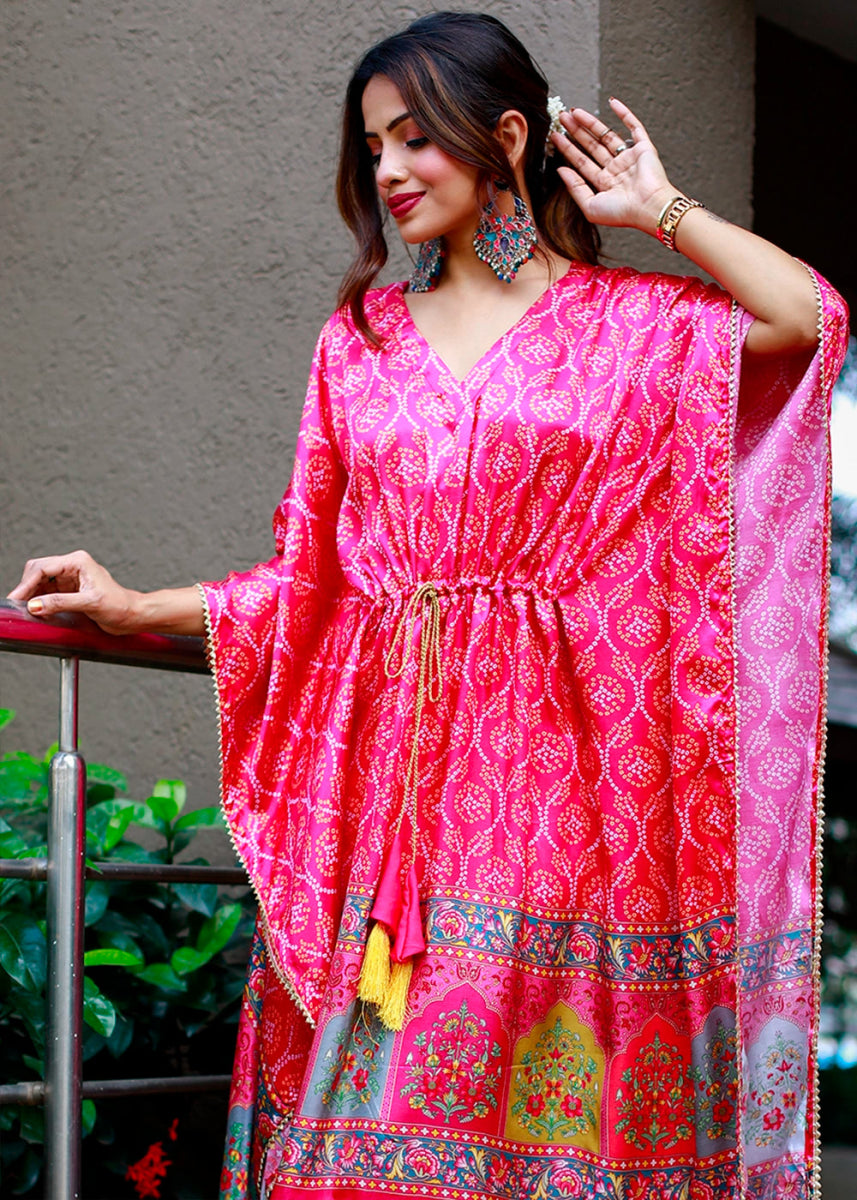 Deep Pink Gaji Silk Kaftan with Gota Patti Lace and All - Over Bandhani Digital Print - House of Sarvati LLC