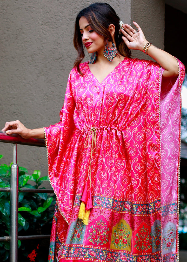 Deep Pink Gaji Silk Kaftan with Gota Patti Lace and All - Over Bandhani Digital Print - House of Sarvati LLC
