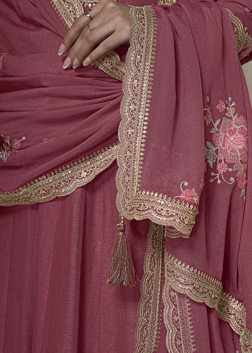 Deep Pink Purple Anarkali in Dola Silk Featuring Sequin Embroidery Work - House of Sarvati LLC