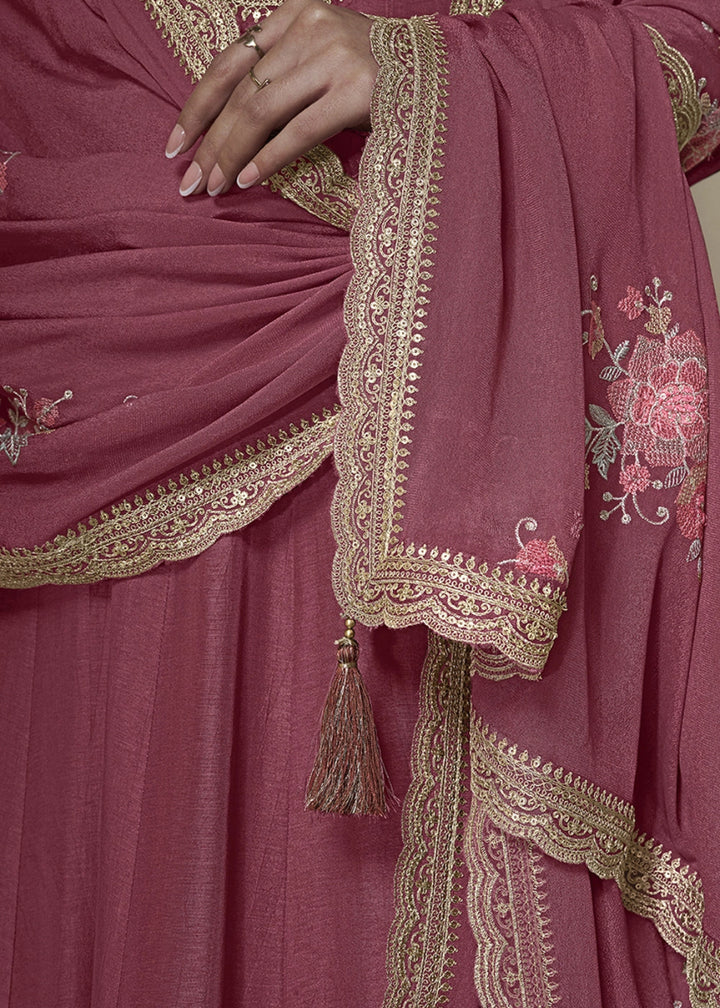 Deep Pink Purple Anarkali in Dola Silk Featuring Sequin Embroidery Work - House of Sarvati LLC