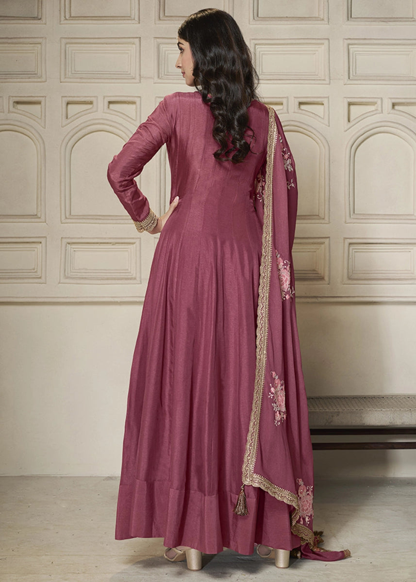 Deep Pink Purple Anarkali in Dola Silk Featuring Sequin Embroidery Work - House of Sarvati LLC