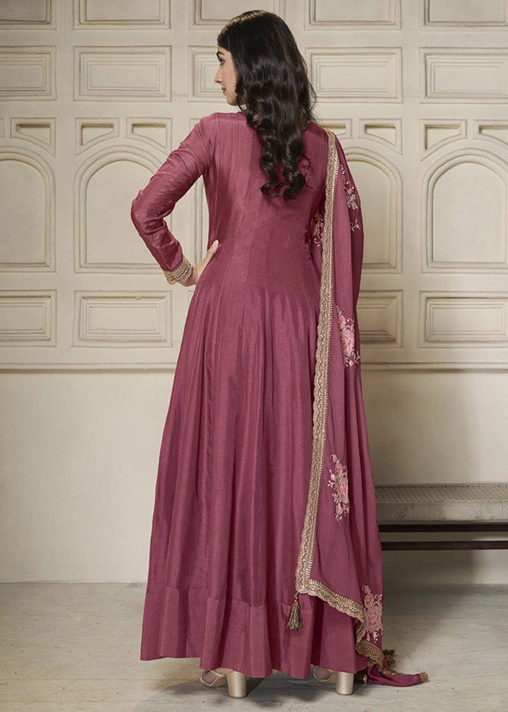Deep Pink Purple Anarkali in Dola Silk Featuring Sequin Embroidery Work - House of Sarvati LLC
