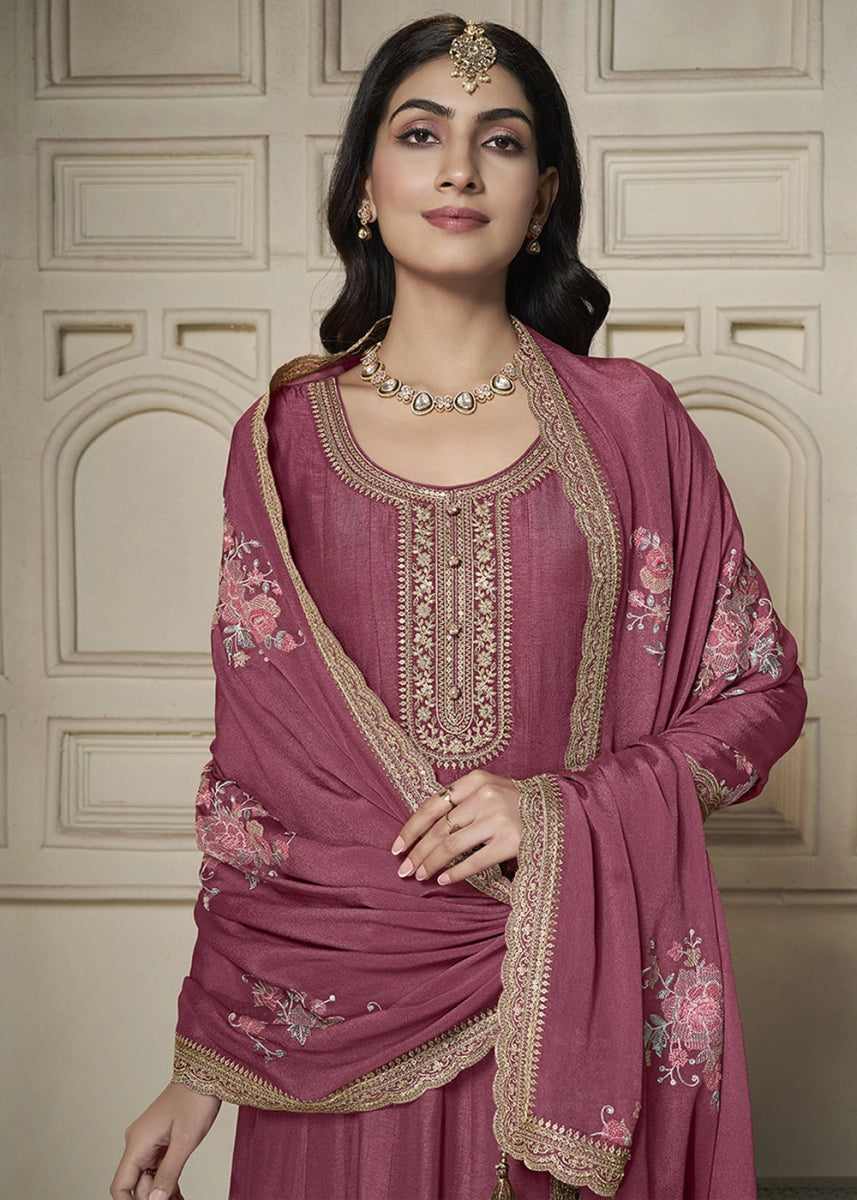 Deep Pink Purple Anarkali in Dola Silk Featuring Sequin Embroidery Work - House of Sarvati LLC
