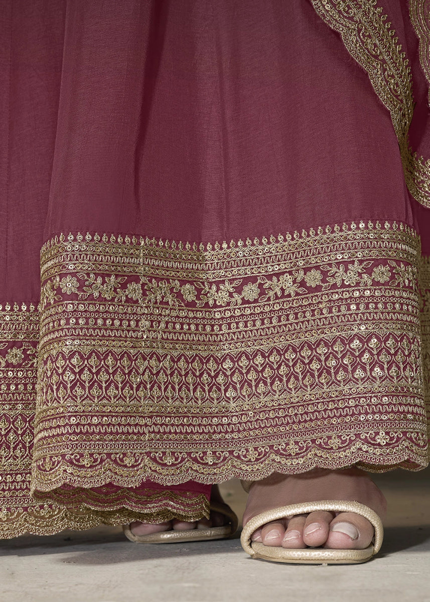 Deep Pink Purple Anarkali in Dola Silk Featuring Sequin Embroidery Work - House of Sarvati LLC