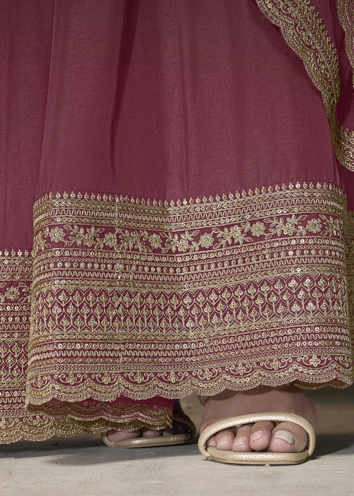 Deep Pink Purple Anarkali in Dola Silk Featuring Sequin Embroidery Work - House of Sarvati LLC