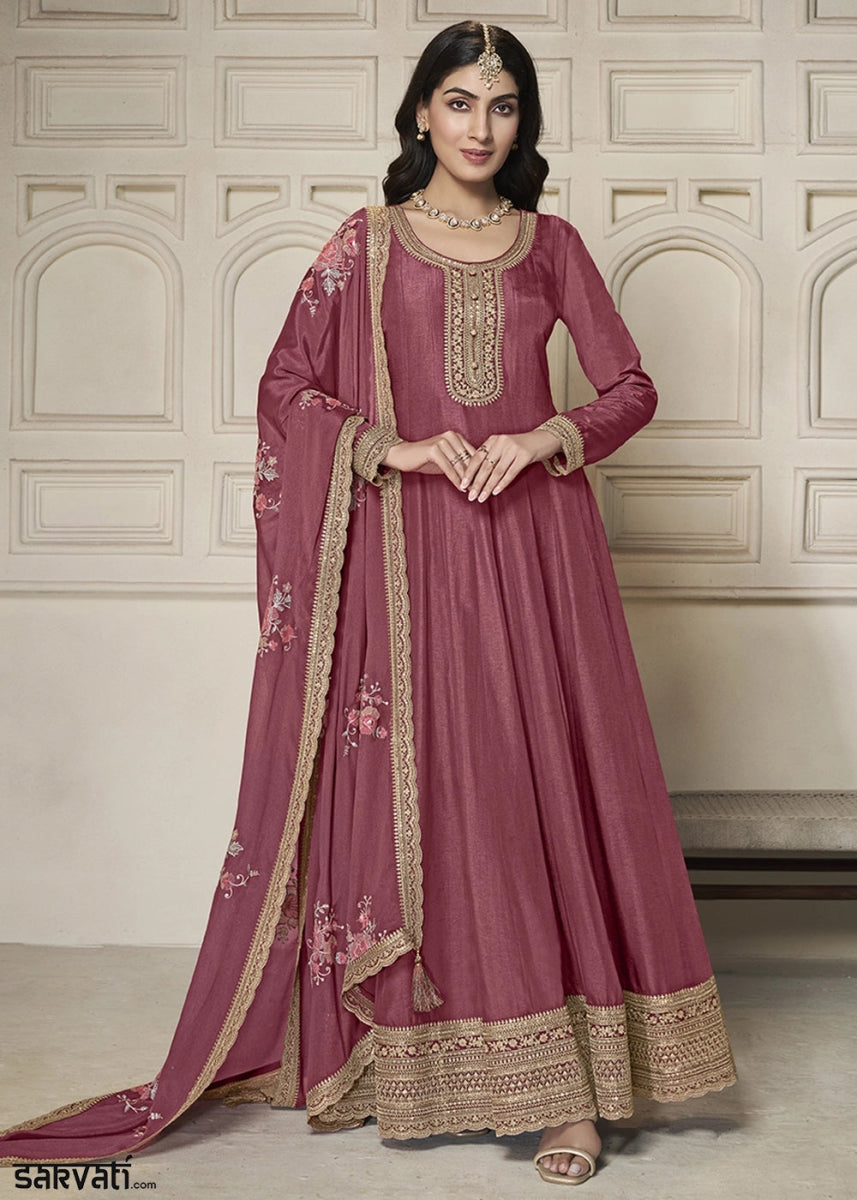 Deep Pink Purple Anarkali in Dola Silk Featuring Sequin Embroidery Work - House of Sarvati LLC