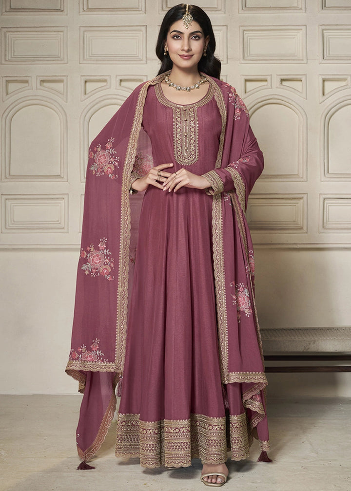 Deep Pink Purple Anarkali in Dola Silk Featuring Sequin Embroidery Work - House of Sarvati LLC
