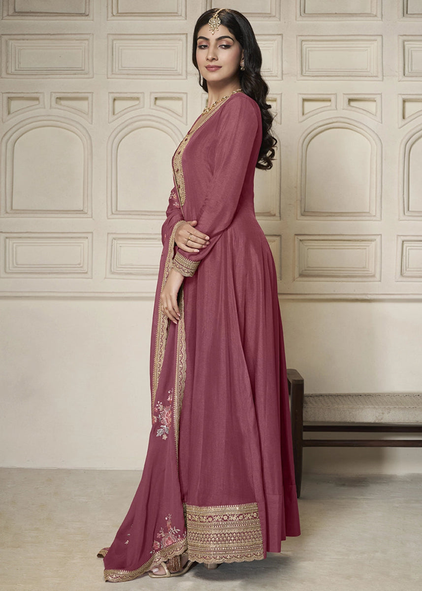 Deep Pink Purple Anarkali in Dola Silk Featuring Sequin Embroidery Work - House of Sarvati LLC